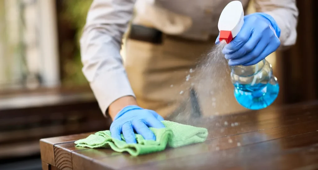 closeup-waitress-disinfecting-ta